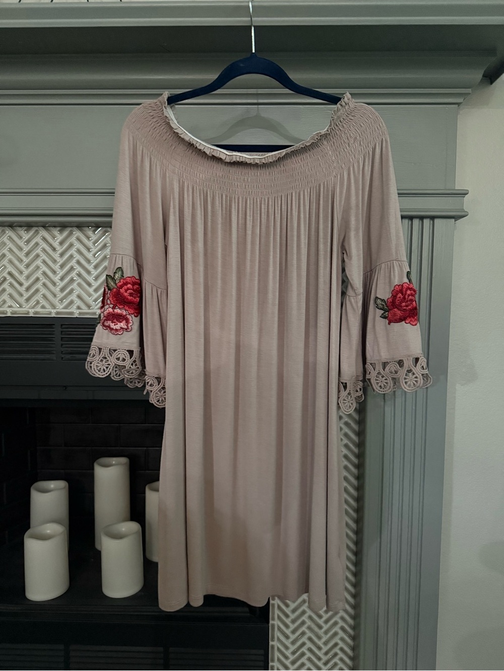 Lapis Blush Dress with Embroidered Rose Sleeves